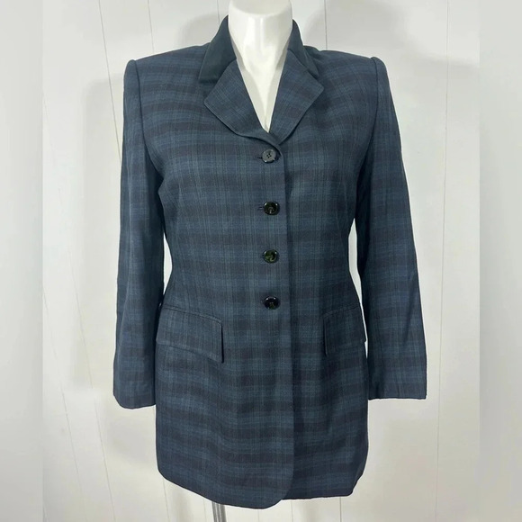 Le Suit Petite Womens Navy Green Plaid Blazer Jacket Career Button Front Sz 14P - Picture 1 of 13
